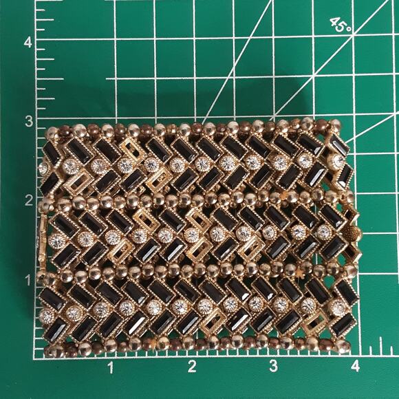 Beaded Wide Stretch Bracelet Chevron Design Gold Tone Black Clear Stones - Picture 8 of 9